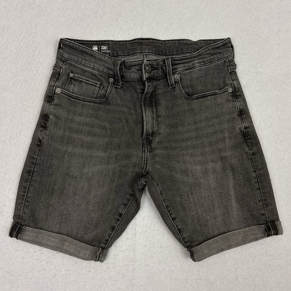 G-Star RAW 3301 Slim Denim Jean Shorts Mens 30 Gray Cuffed Bermuda Stretch